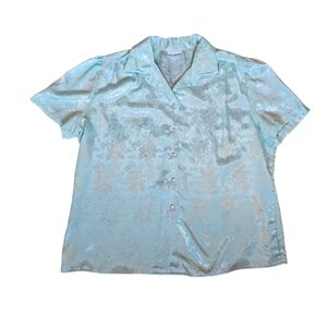 Grannycore Pastel Blue Vintage Top Jacquard Blouse Button Up Short Sleeve Large